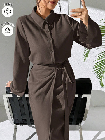 Mulvari Burgundy Red 2pcs Women's Casual Button-Up Shirt And A-Line Skirt Set