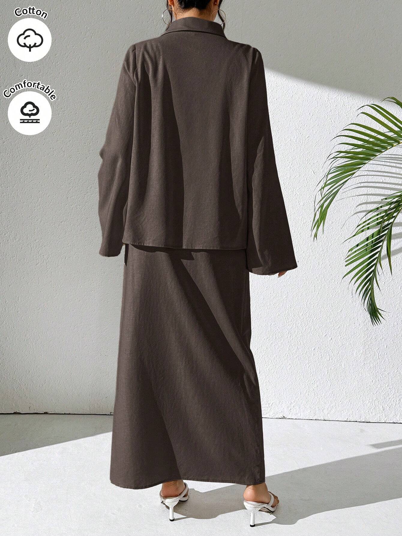 Mulvari Burgundy Red 2pcs Women's Casual Button-Up Shirt And A-Line Skirt Set