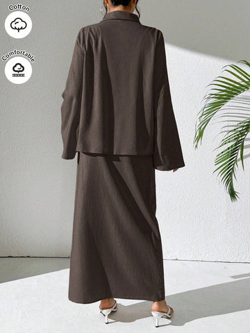 Mulvari Burgundy Red 2pcs Women's Casual Button-Up Shirt And A-Line Skirt Set