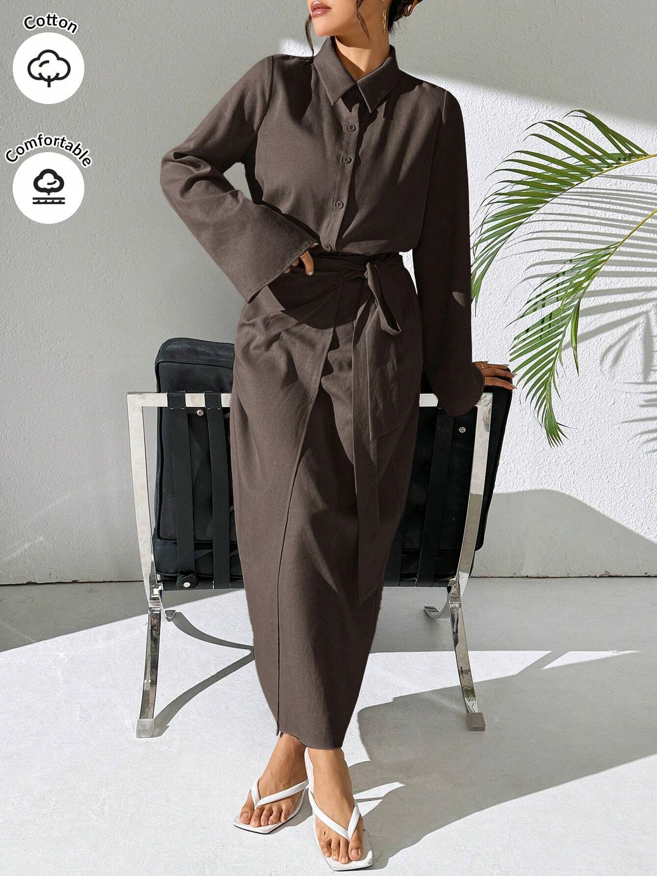 Mulvari Burgundy Red 2pcs Women's Casual Button-Up Shirt And A-Line Skirt Set