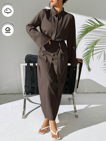 Mulvari Burgundy Red 2pcs Women's Casual Button-Up Shirt And A-Line Skirt Set