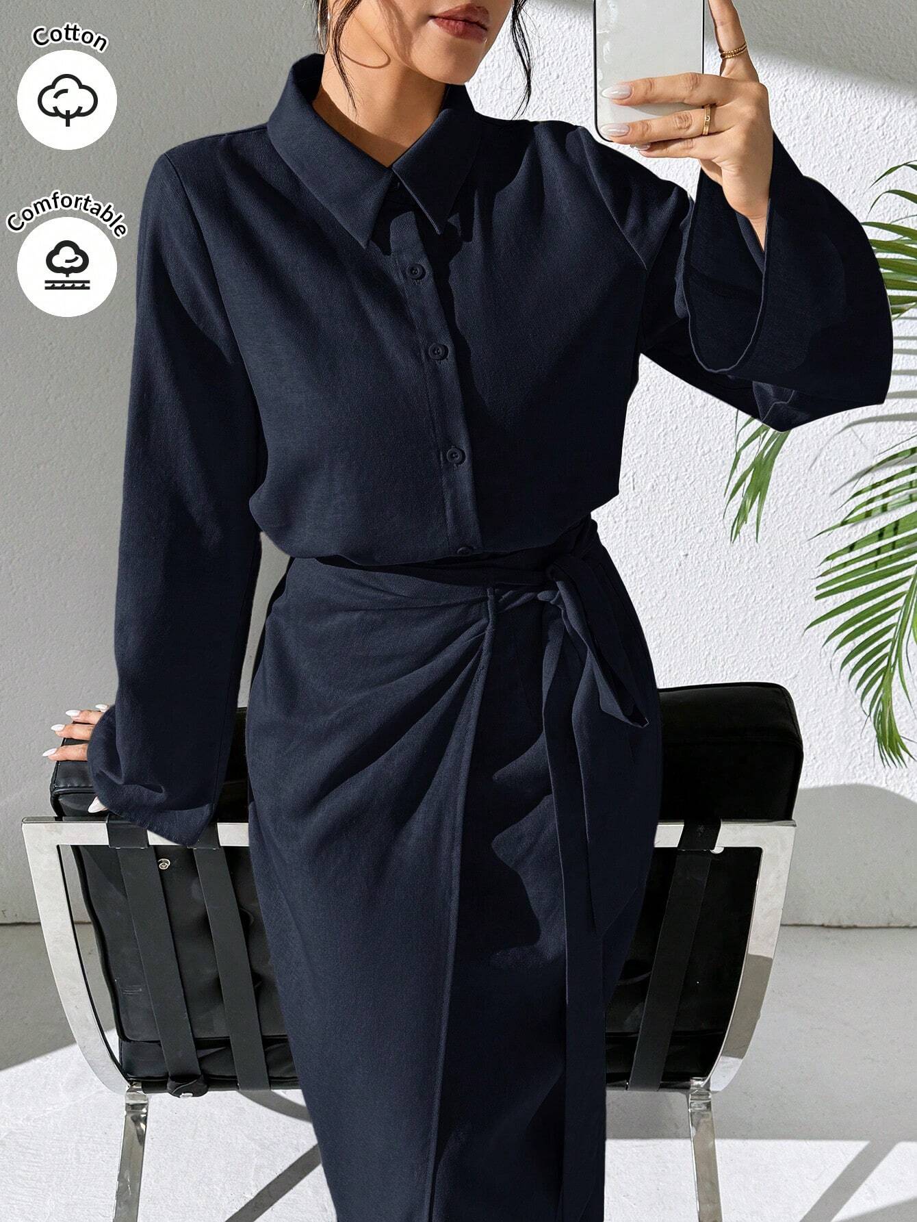 Mulvari Burgundy Red 2pcs Women's Casual Button-Up Shirt And A-Line Skirt Set