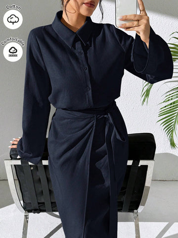 Mulvari Burgundy Red 2pcs Women's Casual Button-Up Shirt And A-Line Skirt Set