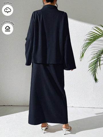 Mulvari Burgundy Red 2pcs Women's Casual Button-Up Shirt And A-Line Skirt Set