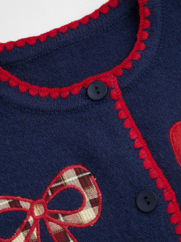 Knit Round Neckline Bowknot Applique Cardigan