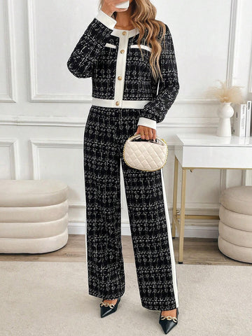 Clasi 2pcs Elegant Contrasting Trim Button-Front Shirt And Pants Set Women Pant Suit