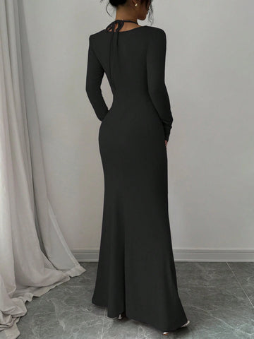 Elegant And Sexy Simple Suspender Tie Knot Hanging Neck Long Sleeved Mermaid Hem Tight Long Dress