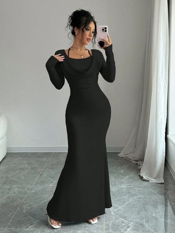 Elegant And Sexy Simple Suspender Tie Knot Hanging Neck Long Sleeved Mermaid Hem Tight Long Dress