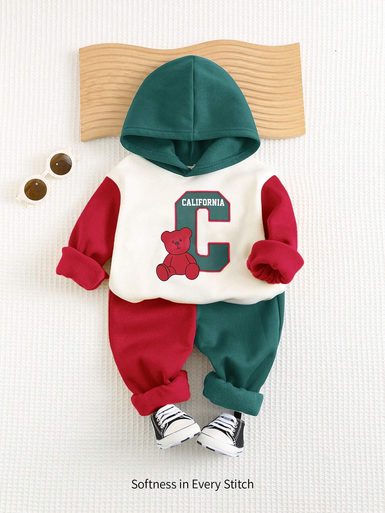 Cozy Pixies 2pcs Baby Boy Cartoon Bear Letter Print Contrast Color Hooded Sweatshirt & Jogger Pants Set