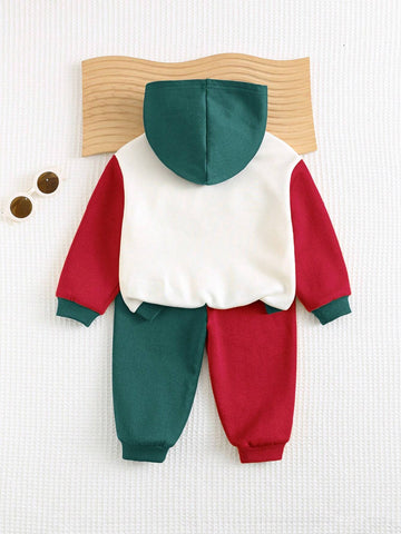 Cozy Pixies 2pcs Baby Boy Cartoon Bear Letter Print Contrast Color Hooded Sweatshirt & Jogger Pants Set