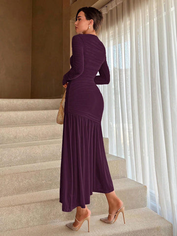 Women's Solid Color Round Neck Slim Fit Fishtail Hem Dress