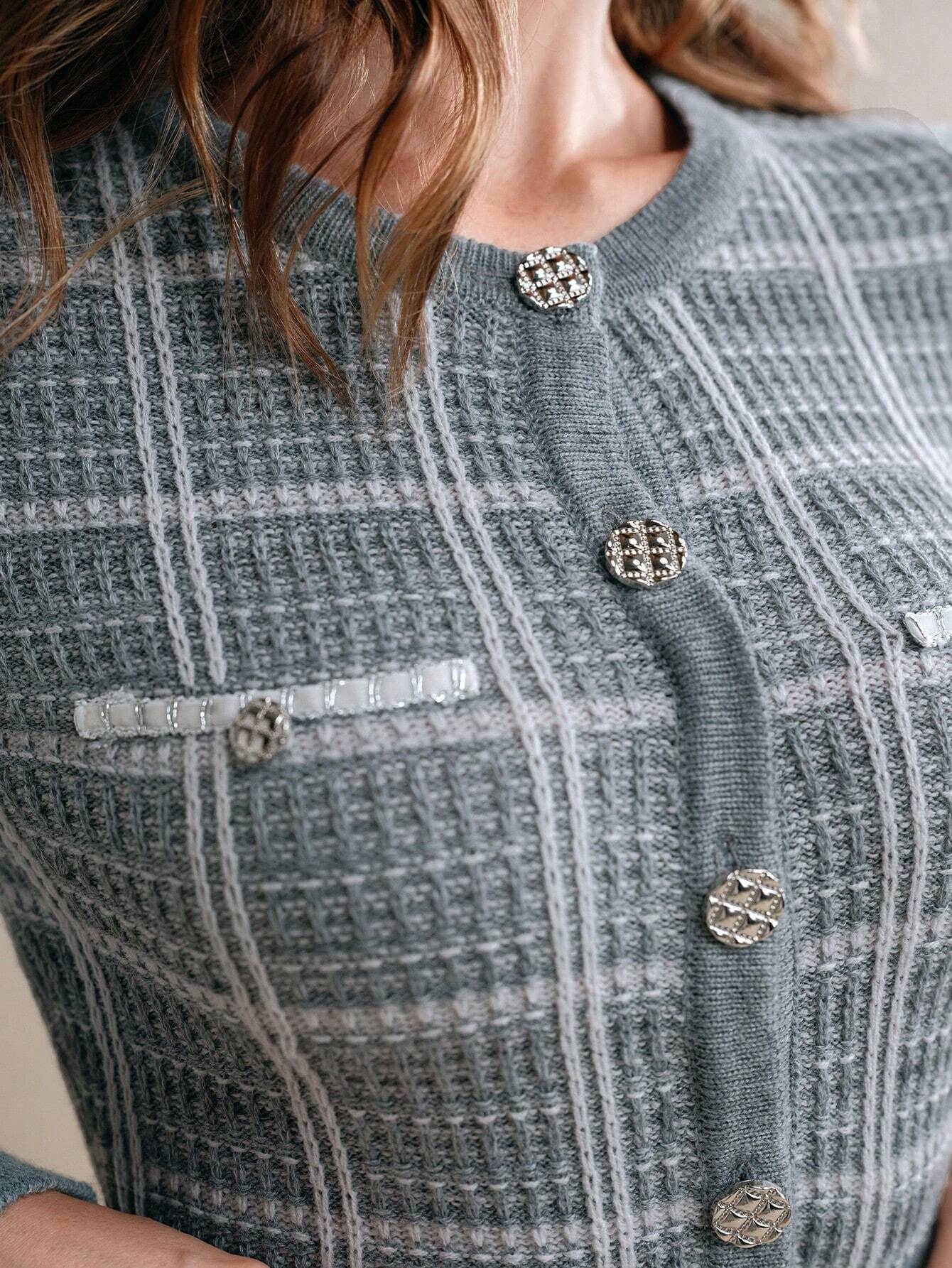 Anewsta Beige Elegant Christmas Fitted Textured Plaid Chain Decor Faux Pocket Rose Gold Metal Belt Bodysuit