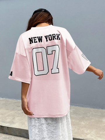 EZwear Oversized Boyfriend Style Print Letter & Star Satin Basketball Jersey Tee