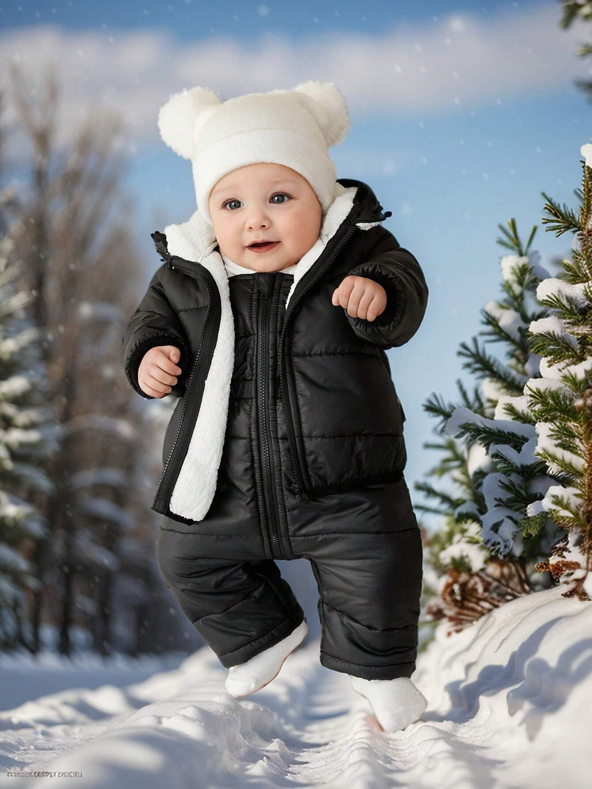 Baby Boy/Girl Autumn/Winter Warm Hooded Jumpsuit With Padded Jacket & Pants Set, Suitable For Outdoor