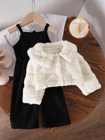 Baby Girl Thicken Fleece Plaid Jacquard Jumpsuit Outfit