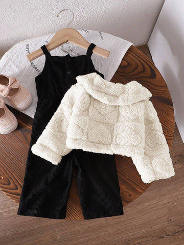 Baby Girl Thicken Fleece Plaid Jacquard Jumpsuit Outfit