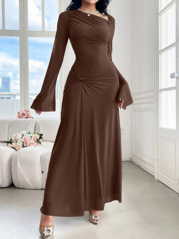 Modely Women's Solid Color Crew Neck Long Sleeve Twist Waist Maxi Elegant Dress