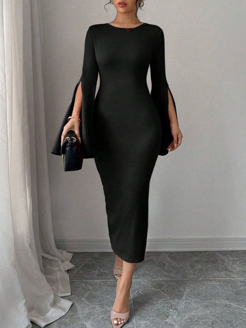 Women Elegant Ruffle Sleeve Side Slit Fitted And Flared Midi Dress
