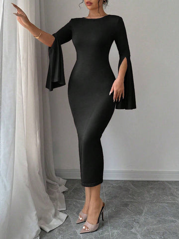 Women Elegant Ruffle Sleeve Side Slit Fitted And Flared Midi Dress