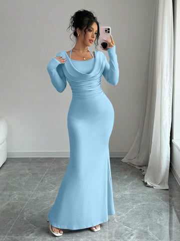 Elegant And Sexy Simple Suspender Tie Knot Hanging Neck Long Sleeved Mermaid Hem Tight Long Dress