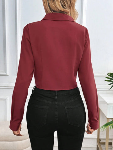 Women's Casual Solid Curved Hem Button Down Shirt