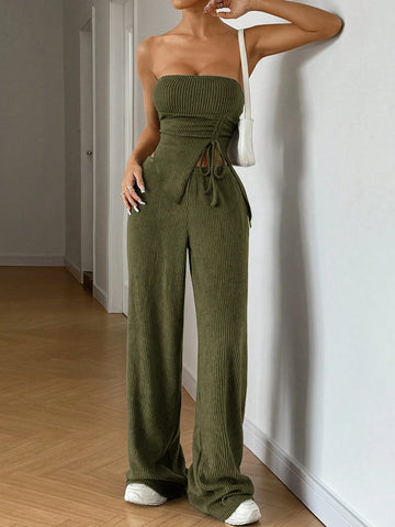 EZwear 2pcs Women Plain Color Asymmetrical Hem Pleated Drawstring Bandeau Top And Long Pants Set