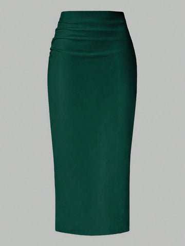 Raffin�a Solid Color Pleated Back Zipper Slit Skirt