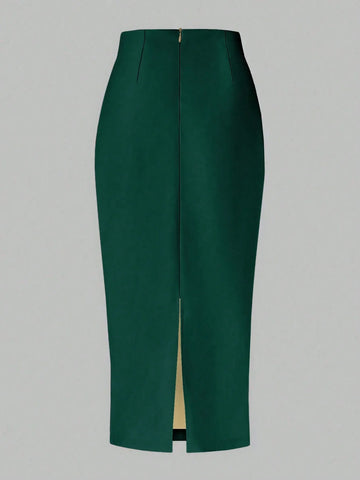 Raffin�a Solid Color Pleated Back Zipper Slit Skirt