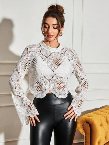 Allurite Sexy Cut Out Lace See-Through Flare Sleeve Four Seasons Knit Women's Blouse