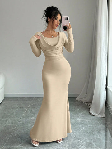 Elegant And Sexy Simple Suspender Tie Knot Hanging Neck Long Sleeved Mermaid Hem Tight Long Dress