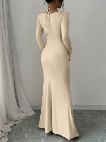 Elegant And Sexy Simple Suspender Tie Knot Hanging Neck Long Sleeved Mermaid Hem Tight Long Dress