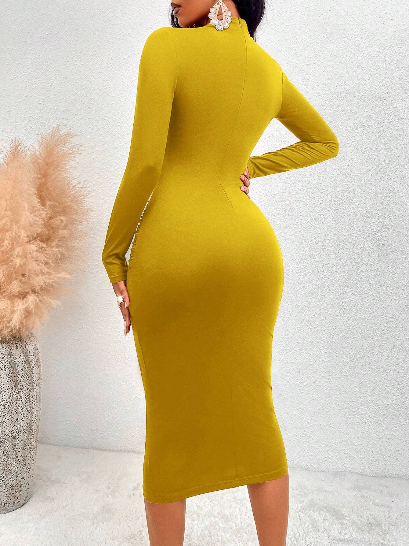 SOLERSUN Women's Solid Color Simple Casual Cut-Out Long Sleeve Dress