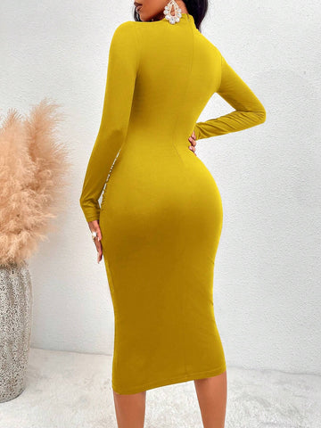 SOLERSUN Women's Solid Color Simple Casual Cut-Out Long Sleeve Dress