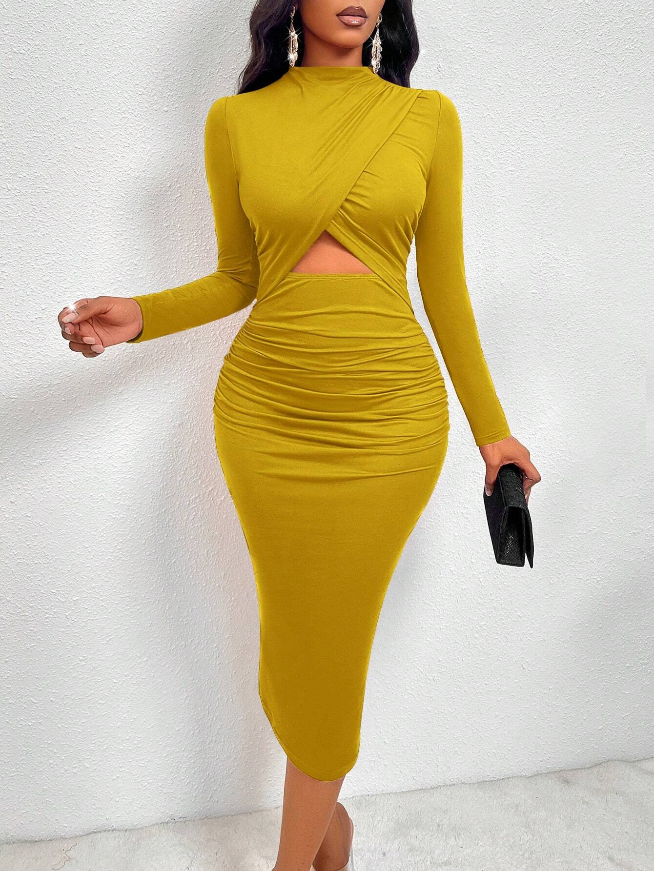 SOLERSUN Women's Solid Color Simple Casual Cut-Out Long Sleeve Dress