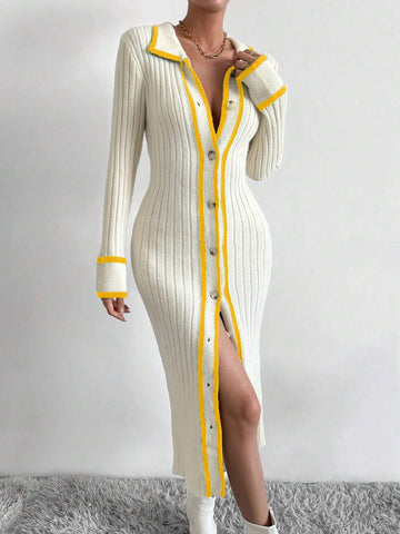 Raffinéa Striped Trim Button Front Sweater Dress