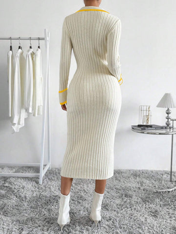 Raffinéa Striped Trim Button Front Sweater Dress