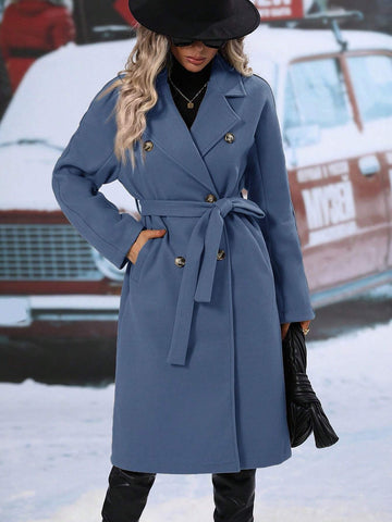 Relaxiva Lapel Neck Double Breasted Belted Overcoat