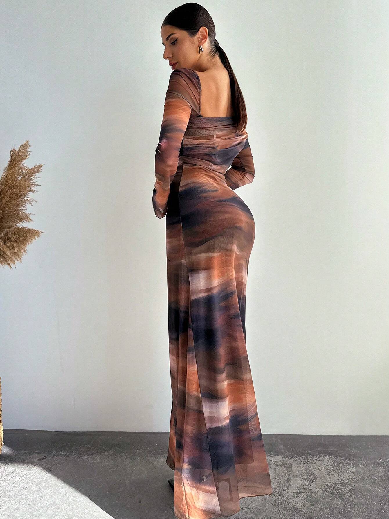 Tie Dye Chiffon Asymmetrical Shoulder Flowing Long Sleeve Slim Fit Dress