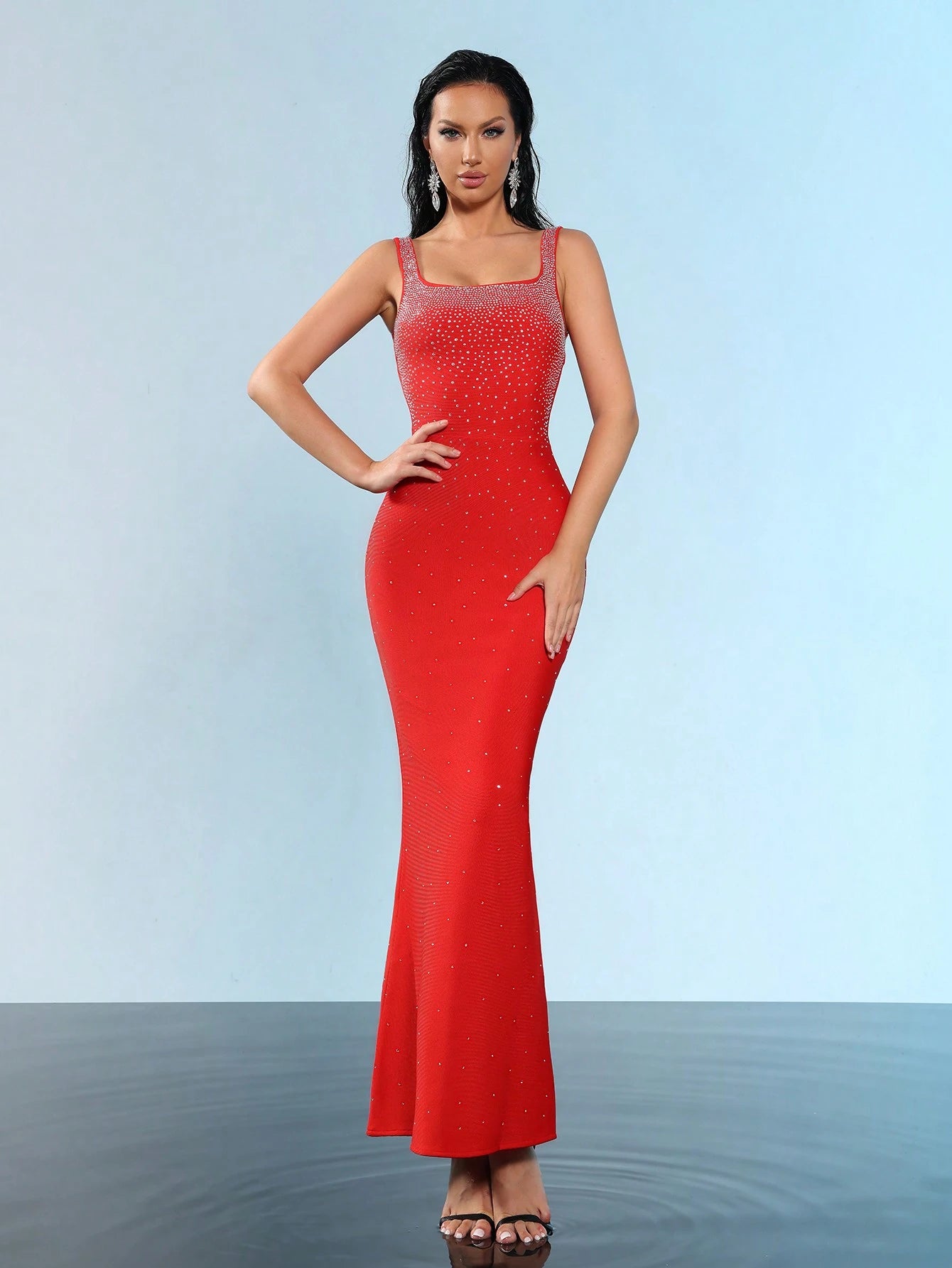 Women's Elegant Sleeveless Mermaid Dress With Square Neckline And Sparkling Rhinestones