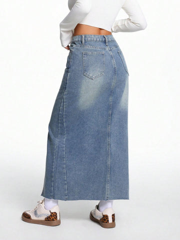 MOD Asymmetrical Long Skirt Spring Break Stepped Waist Slit Hem Denim Skirt