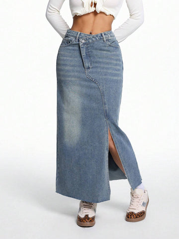 MOD Asymmetrical Long Skirt Spring Break Stepped Waist Slit Hem Denim Skirt