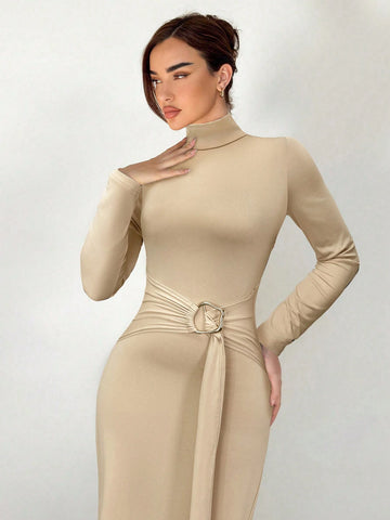 New Slim Fit Warm Stand Collar Long Sleeve Cinched Waist Extra-Long Versatile Knit Dress