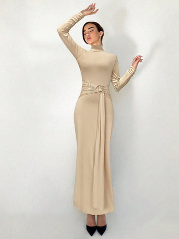 New Slim Fit Warm Stand Collar Long Sleeve Cinched Waist Extra-Long Versatile Knit Dress