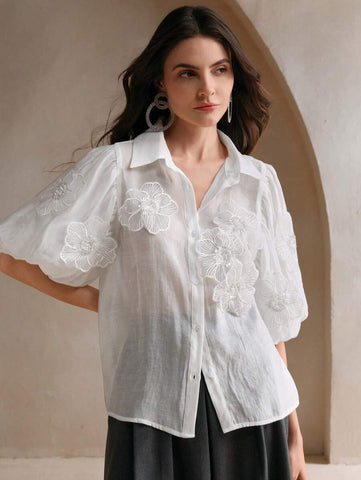Anewsta Women Elegant Puff Sleeve Shirt With 3D Floral Pearl Decoration