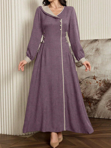 Modely Women's Color Block Lapel Long Sleeve Side Tie Waist Elegant Arabian Modest Dress