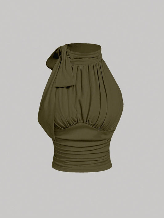 MOD Stand Collar Bowknot Gather Green Tank Top