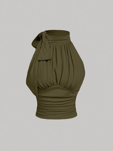 MOD Stand Collar Bowknot Gather Green Tank Top