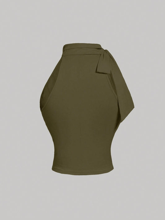 MOD Stand Collar Bowknot Gather Green Tank Top