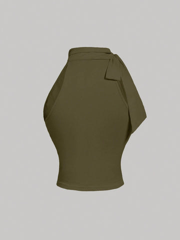 MOD Stand Collar Bowknot Gather Green Tank Top