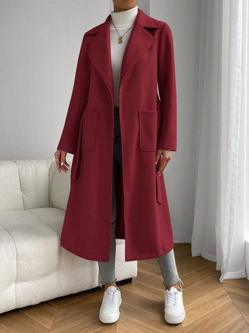 EZwear Apricot Lapel Neck Dual Pocket Belted Overcoat